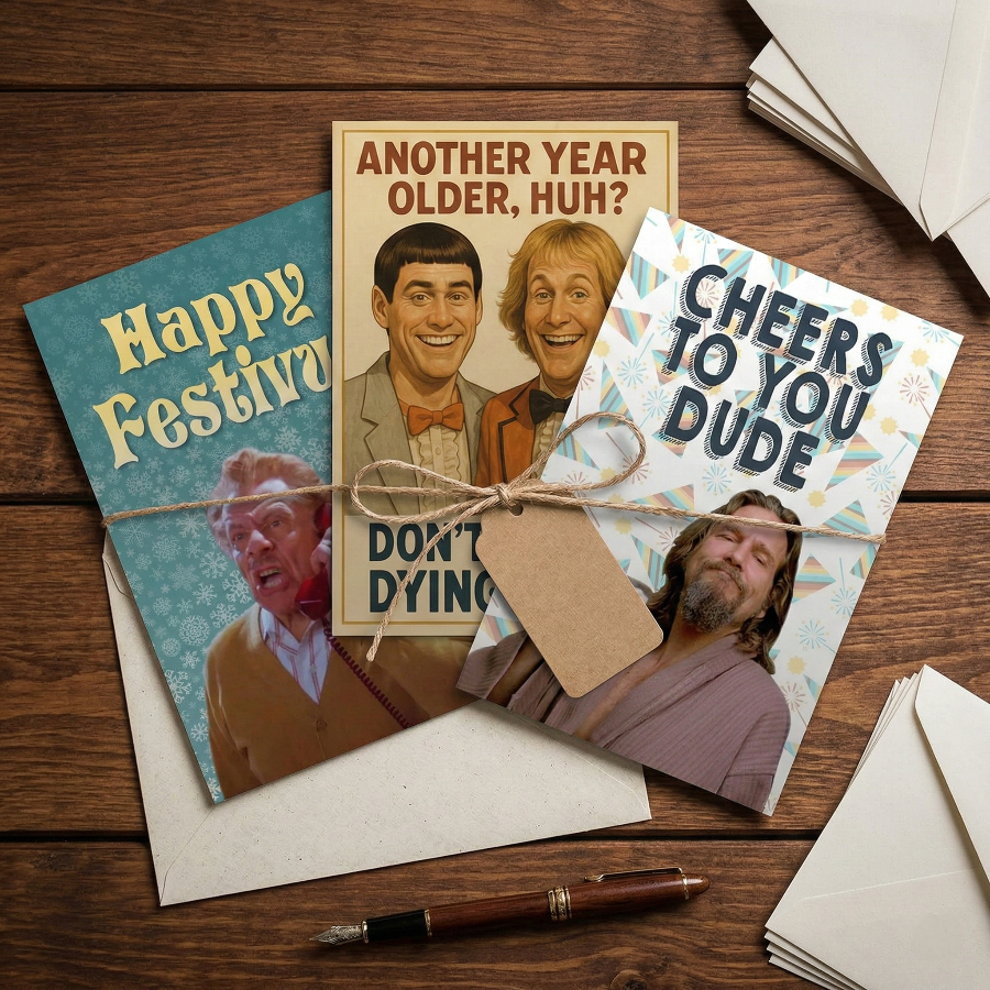Three greeting cards with humorous designs on a wooden surface.