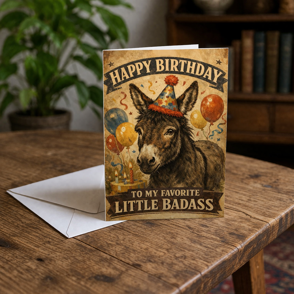 Birthday card with donkey illustration and humorous text on a wooden table.