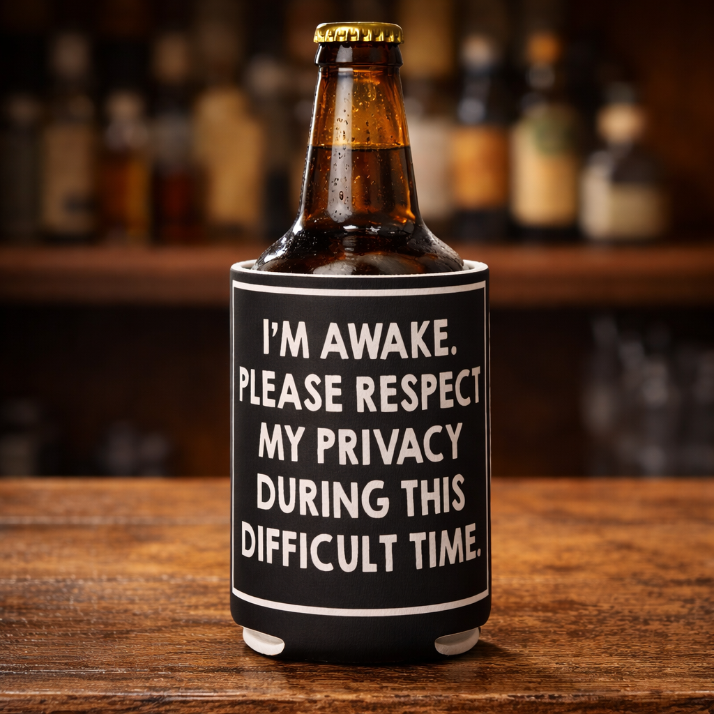 Beer bottle with a can cooler reading 'I'm awake. Please respect my privacy during this difficult time.' on a wooden surface.