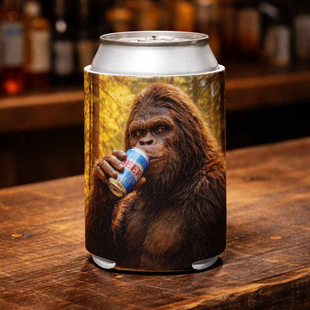 Can cooler with a gorilla design holding a beer on a wooden surface