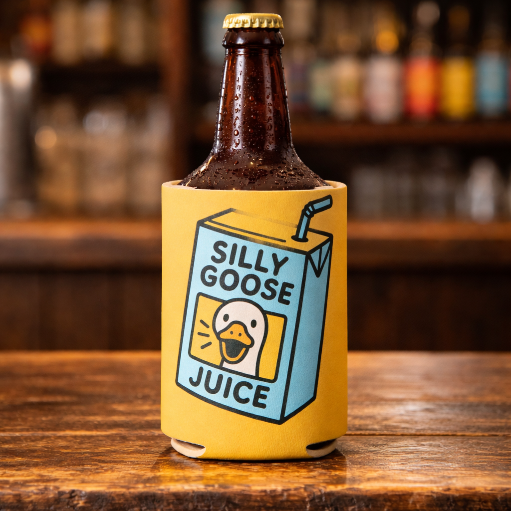 Bottle with a 'Silly Goose Juice' can cooler on a wooden surface, blurred bar background