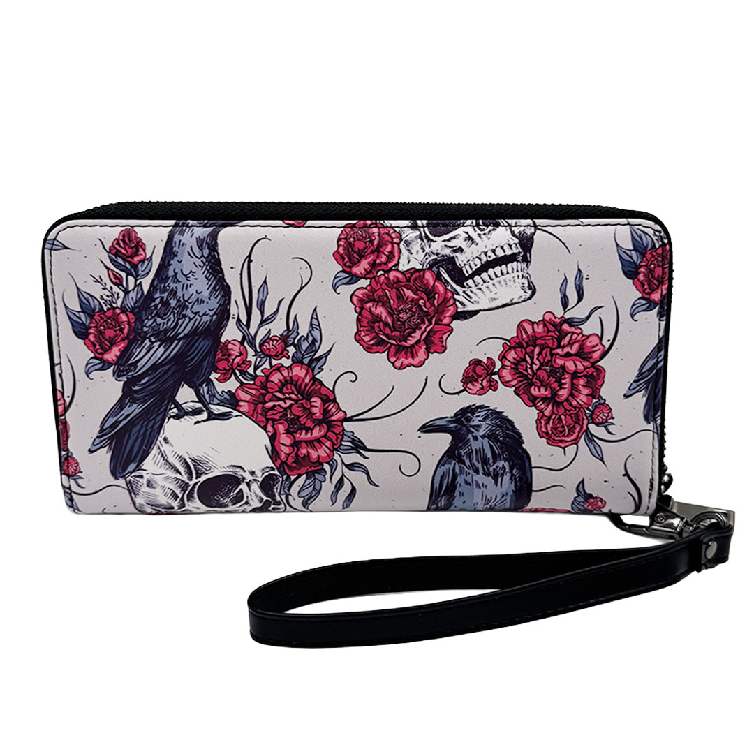 Wallet with skull and rose design on a white background