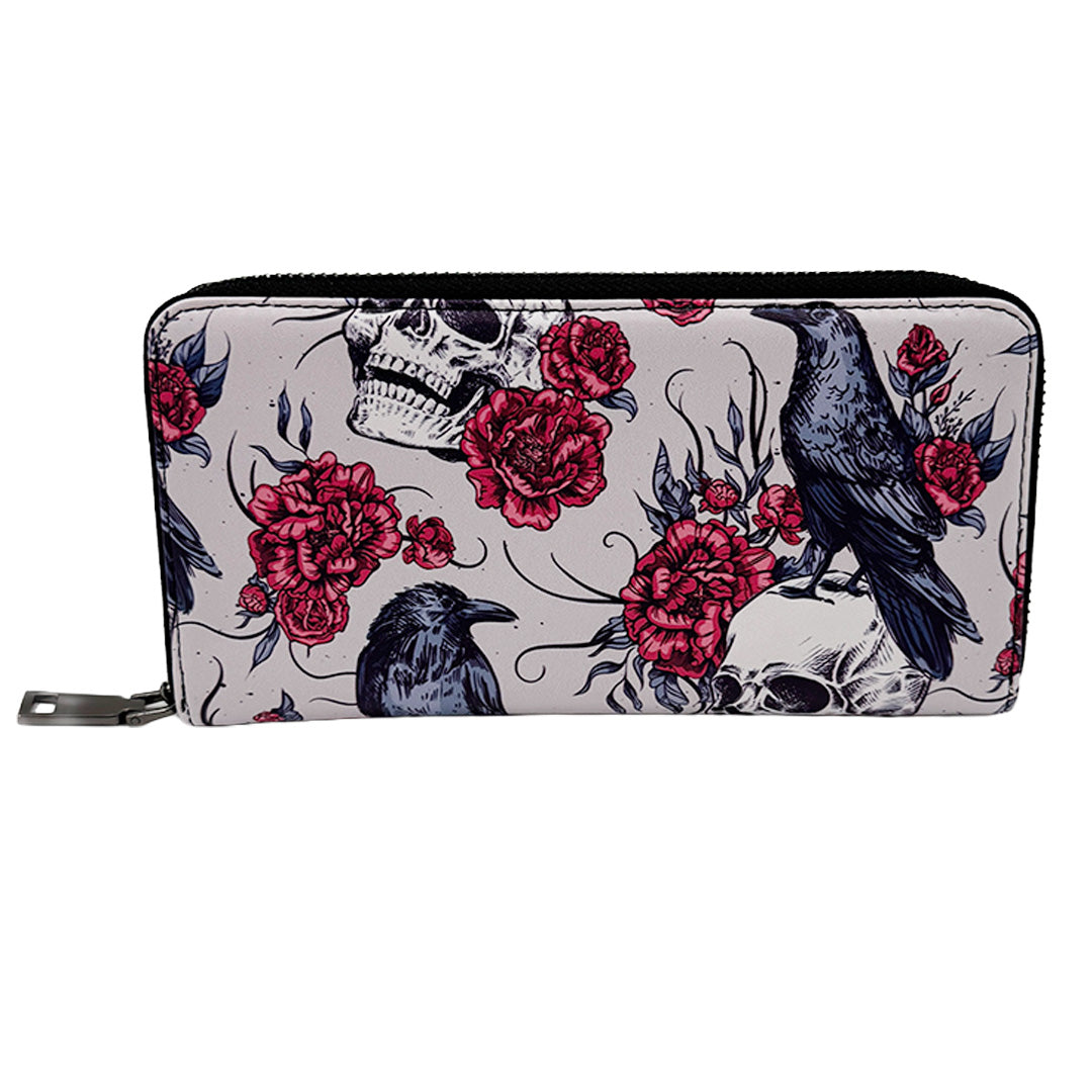 Wallet with skull, crow, and red rose design on a white background