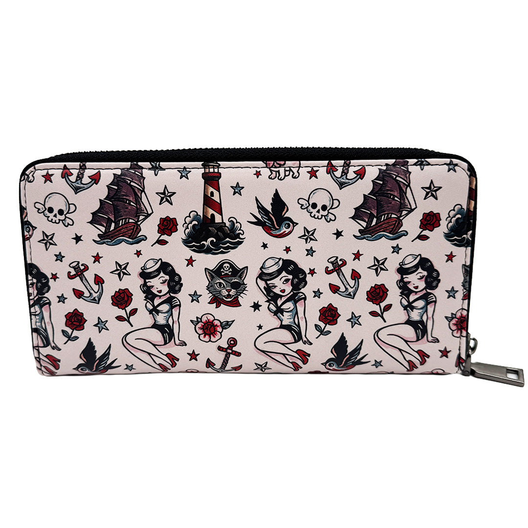 Zipper wallet with vintage tattoo-style design featuring women, ships, and lighthouses on a white background.