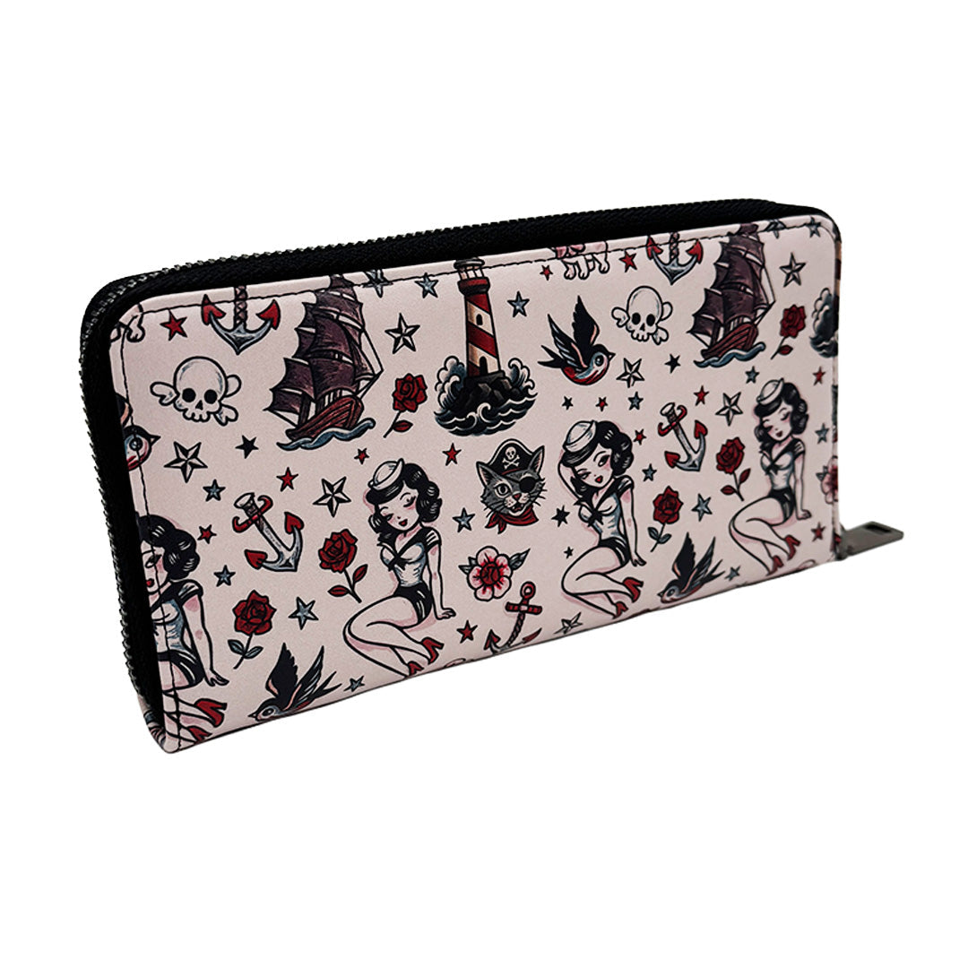 Wallet with vintage tattoo design on a white background