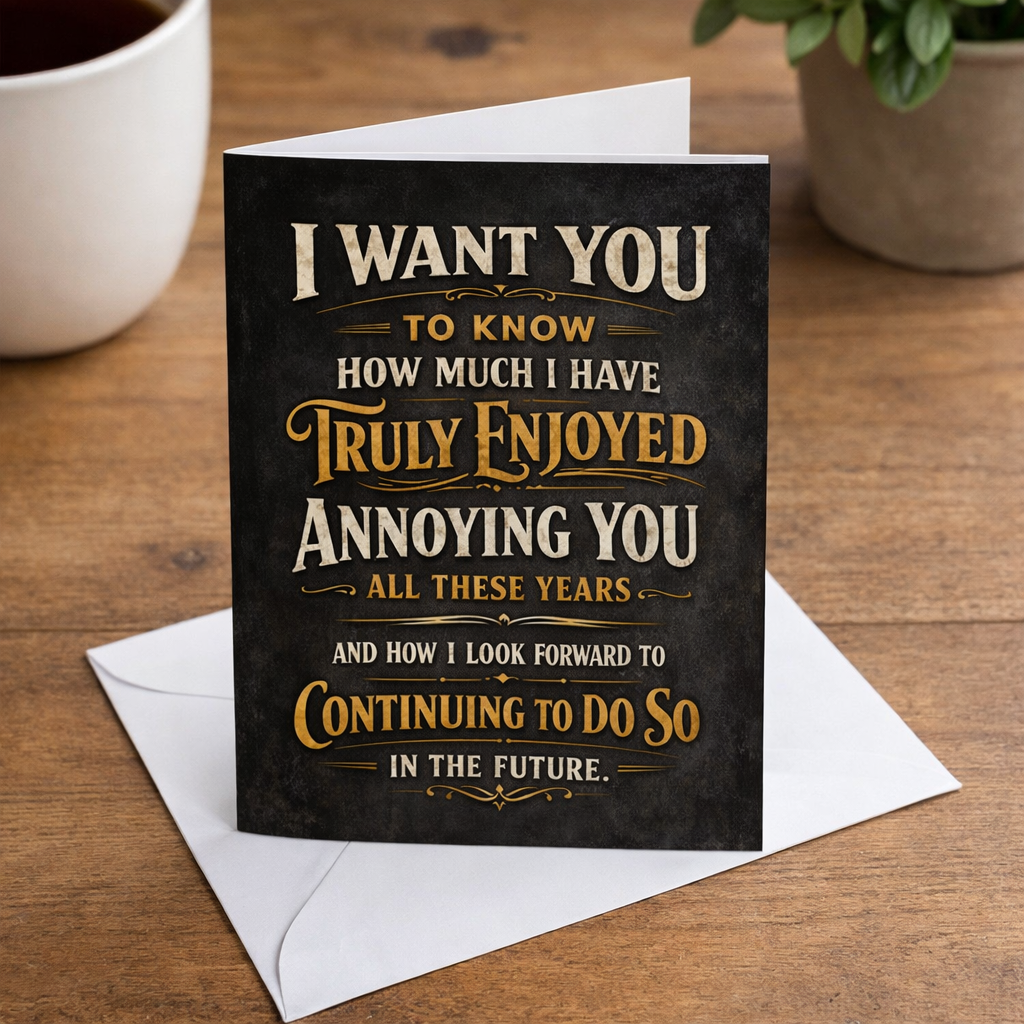 Greeting card with humorous message on a wooden surface with a cup and plant in the background