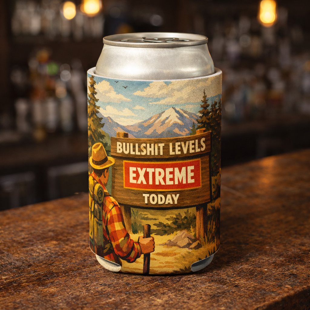 Can with a humorous label featuring a mountain scene and text on a bar counter.