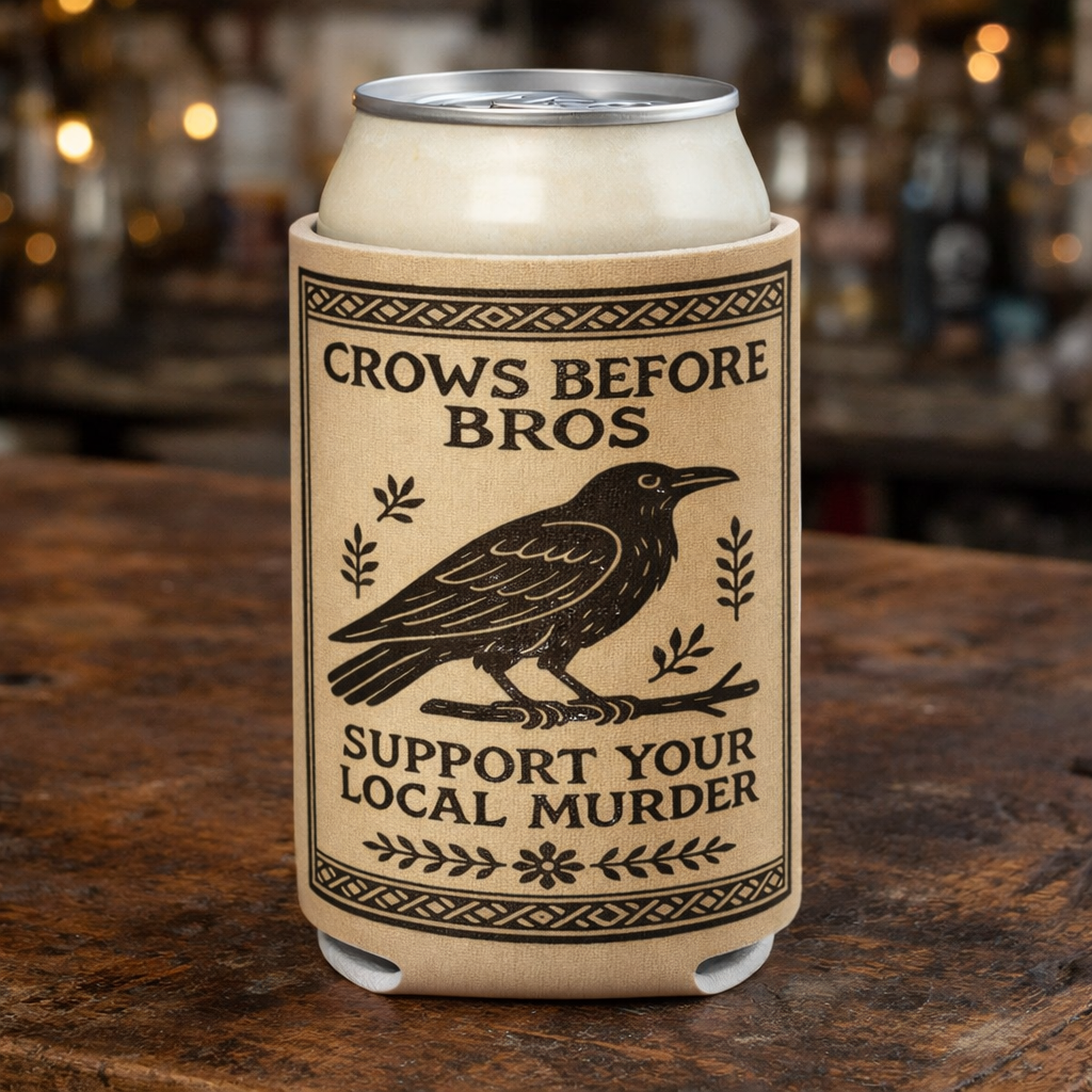 Can cooler with 'Crows Before Bros' design on a wooden surface