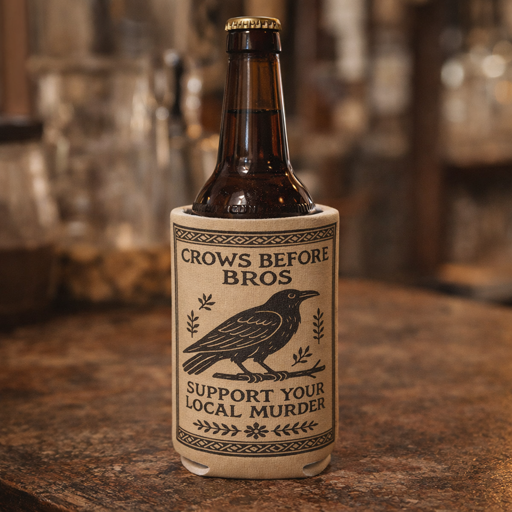 Bottle with a decorative label featuring text and a crow illustration on a wooden surface.