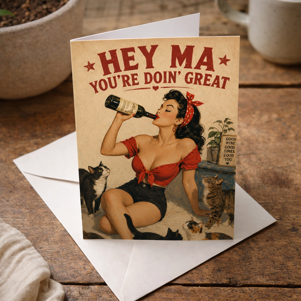 Greeting card with a vintage-style illustration of a woman drinking a beer, surrounded by cats, on a wooden surface.