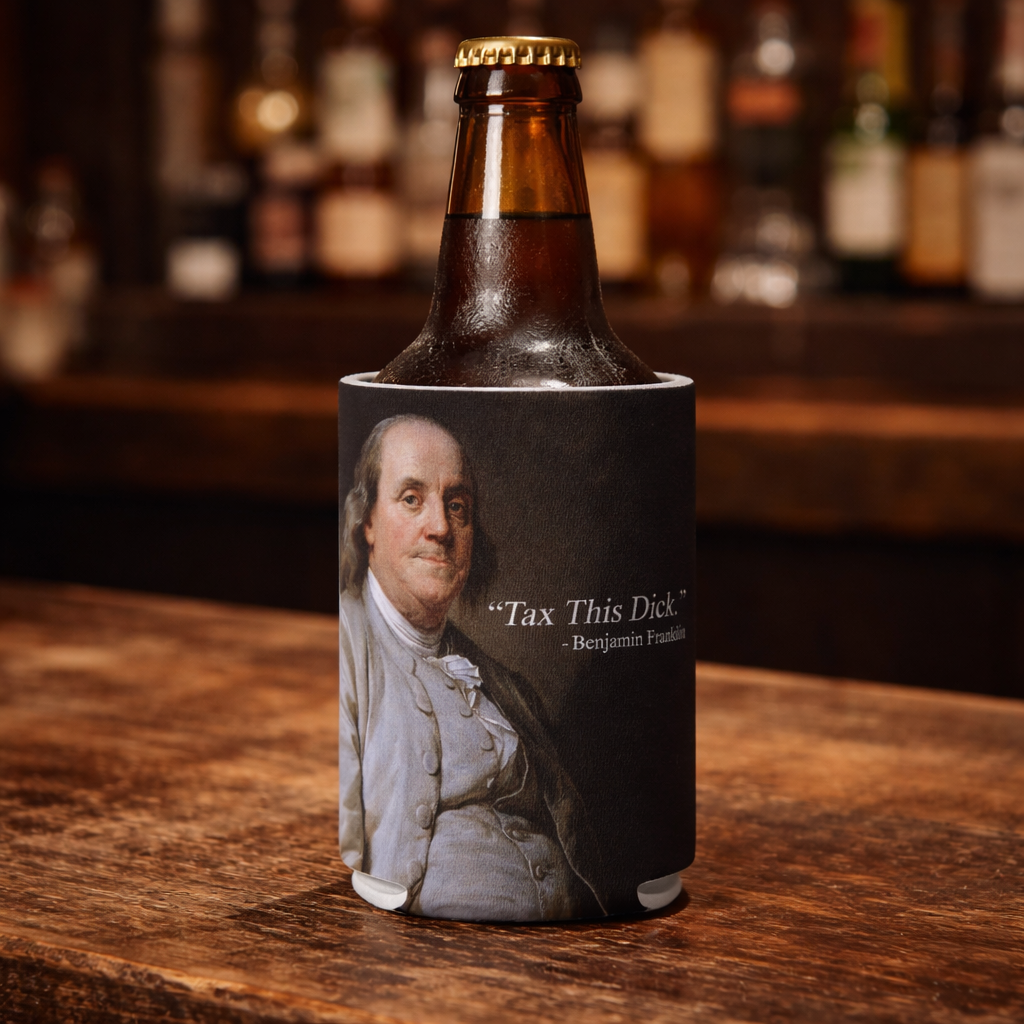 Beer bottle with a can cooler featuring Benjamin Franklin on a bar counter