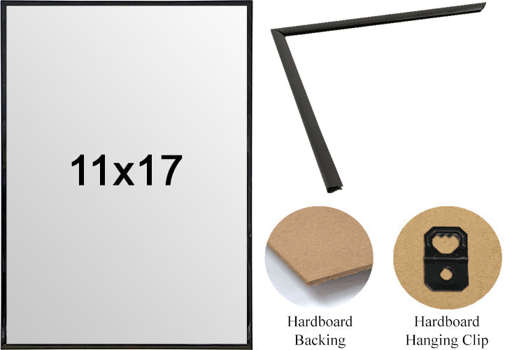 Black picture frame with '11x17' text, hardboard backing, and hanging clip on a white background.