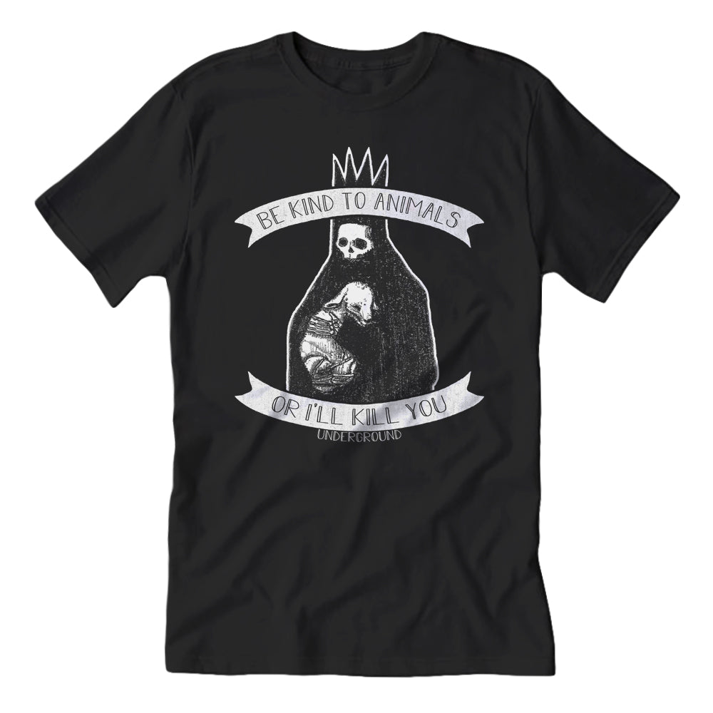 Black crew neck t-shirt with text and graphic print on the front.