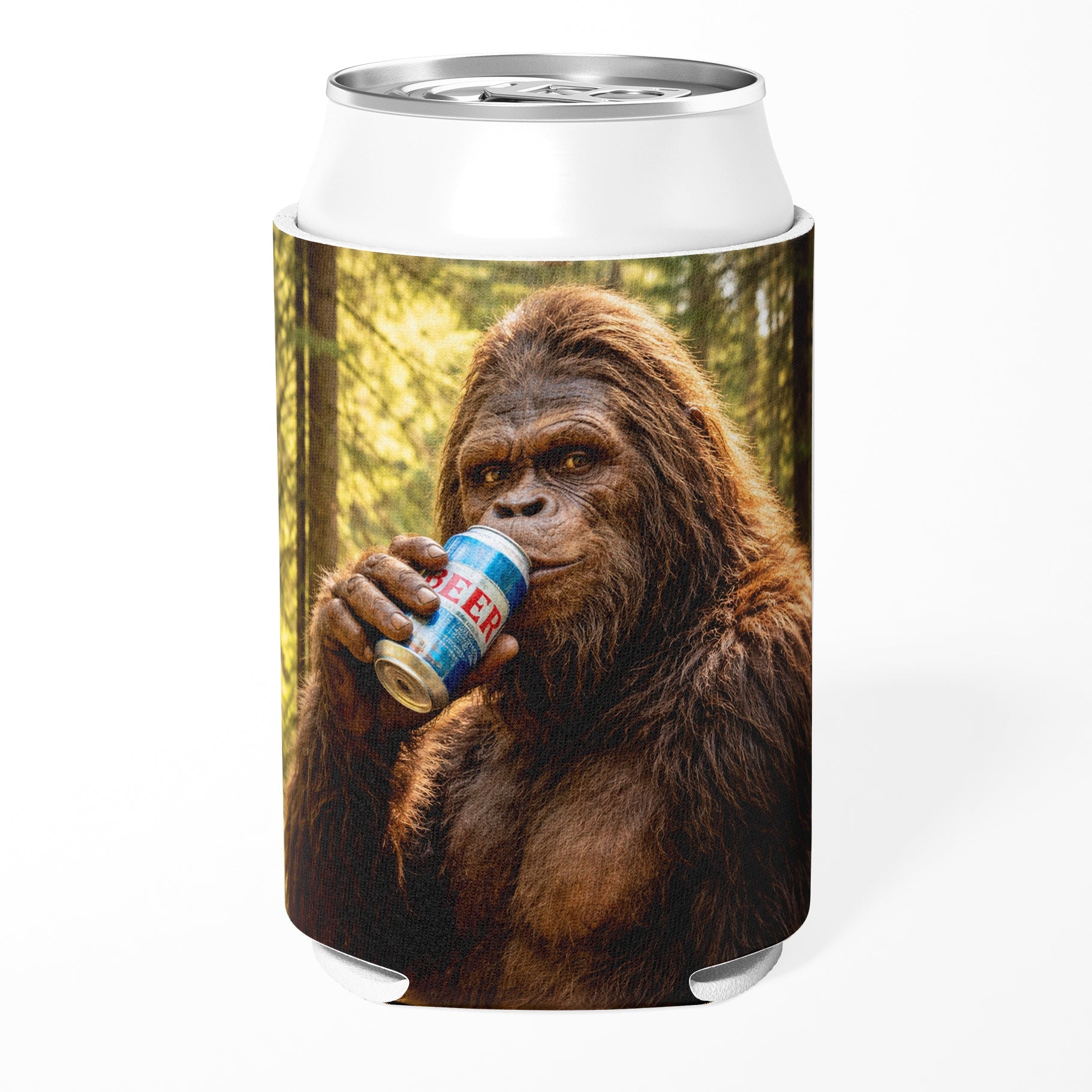 Can cooler with a design of a gorilla holding a beer can on a white background