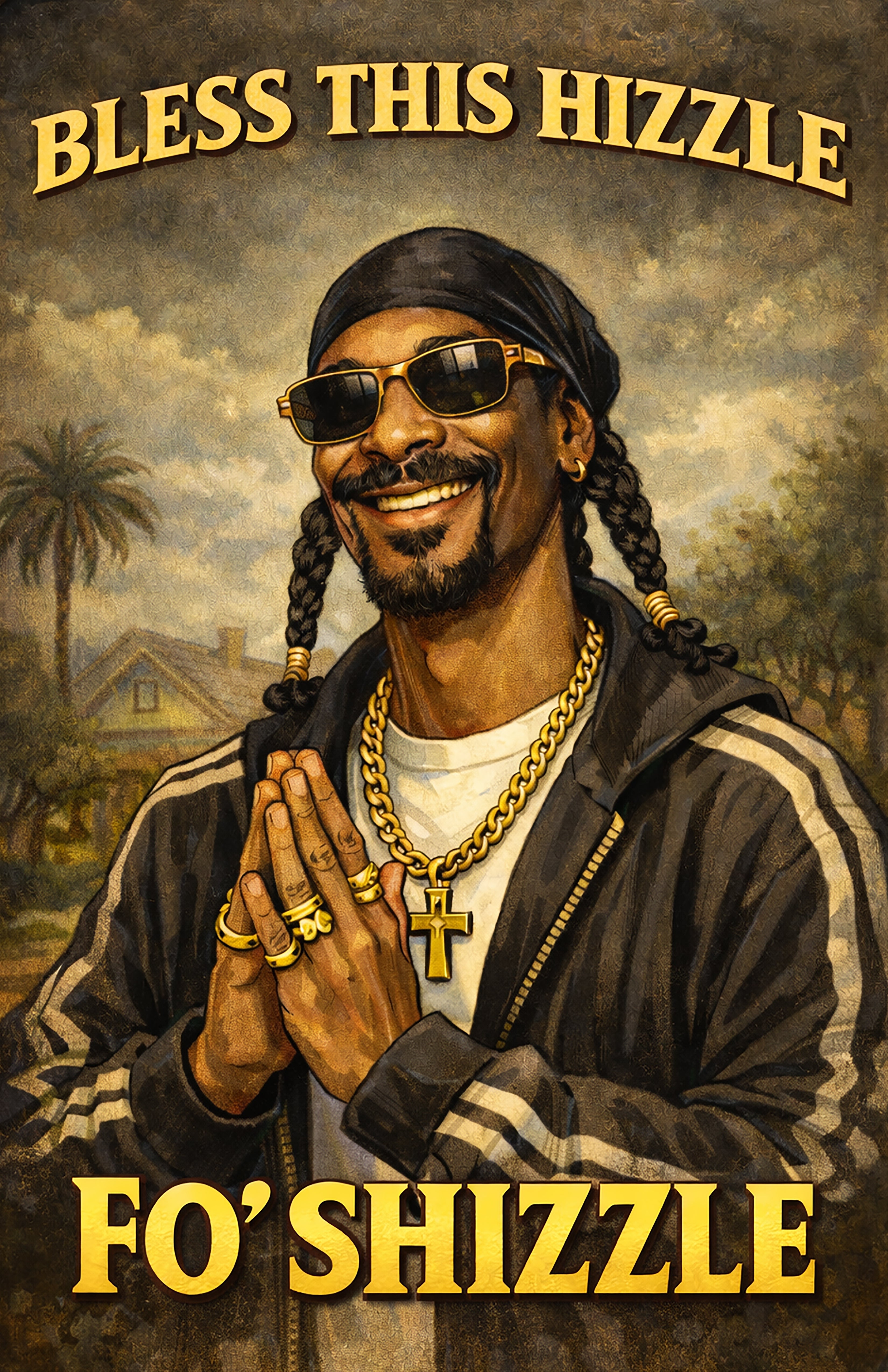 Snoop Dogg in sunglasses with text 'Bless This Hizzle Fo Shizzle' on a scenic background