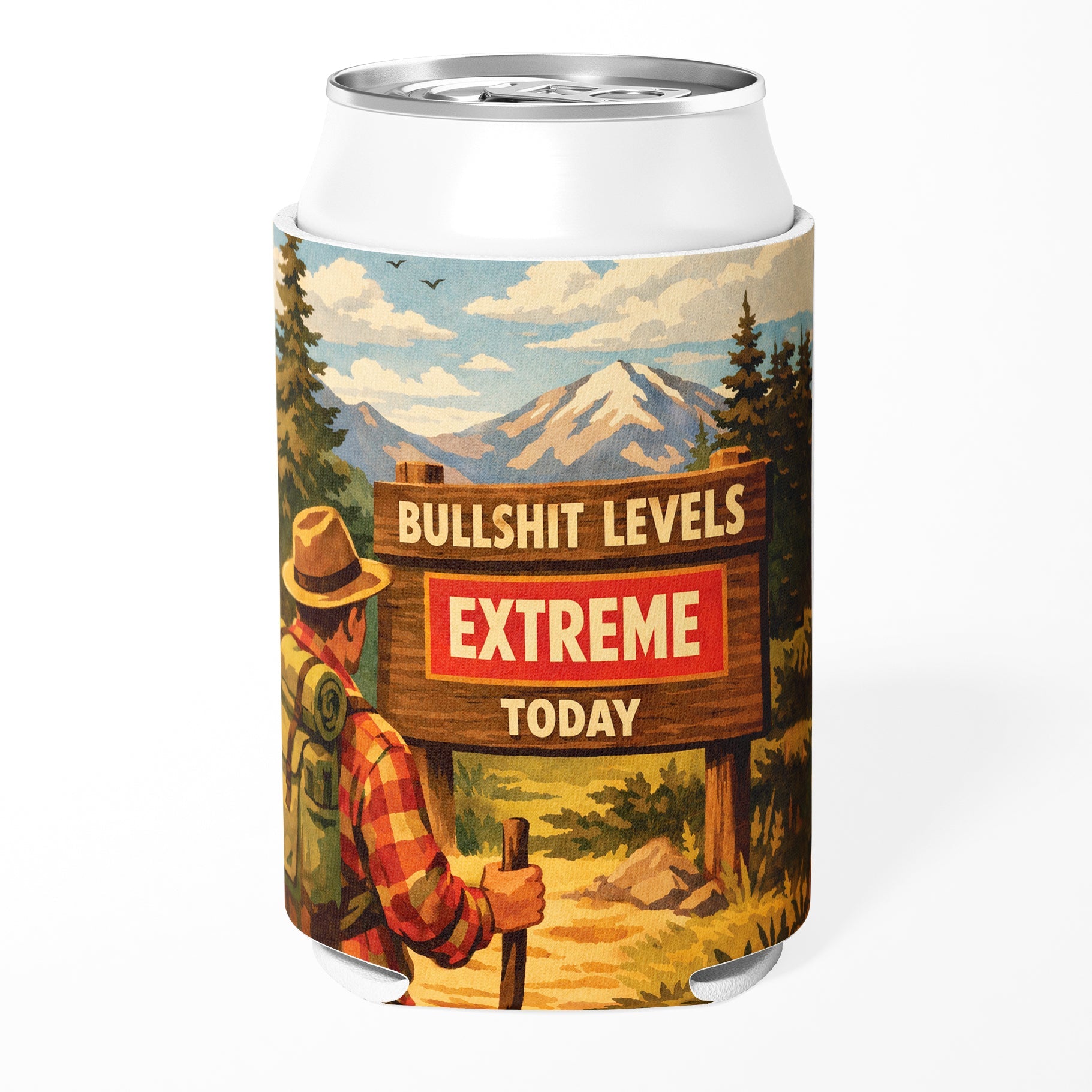 Can cooler with a vintage-style design of a person in a hat and plaid shirt standing next to a sign with text, set against a mountain and forest background.