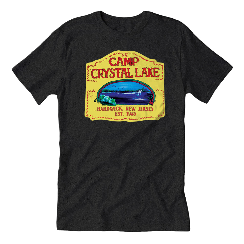 Black t-shirt with 'Camp Crystal Lake' graphic print in the center featuring a blue lake and yellow text on a white background.