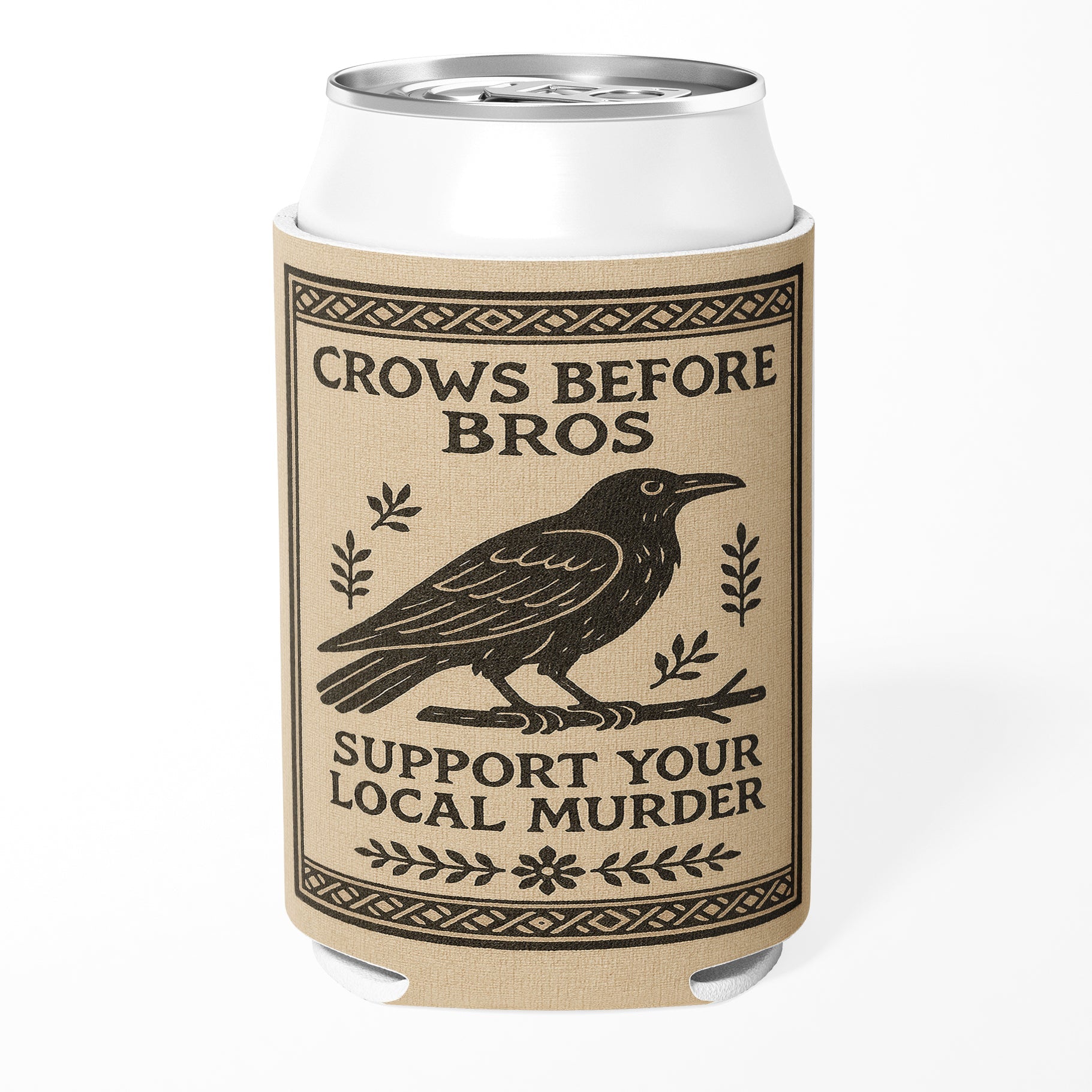 Can cooler with crow design and text on a white background