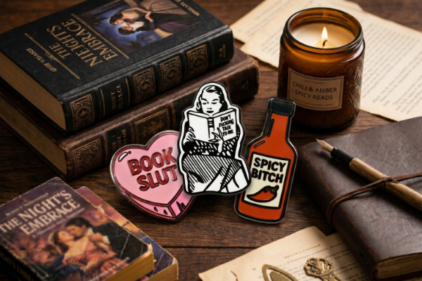 Decorative pins on a wooden surface with books, a candle, and a notebook.