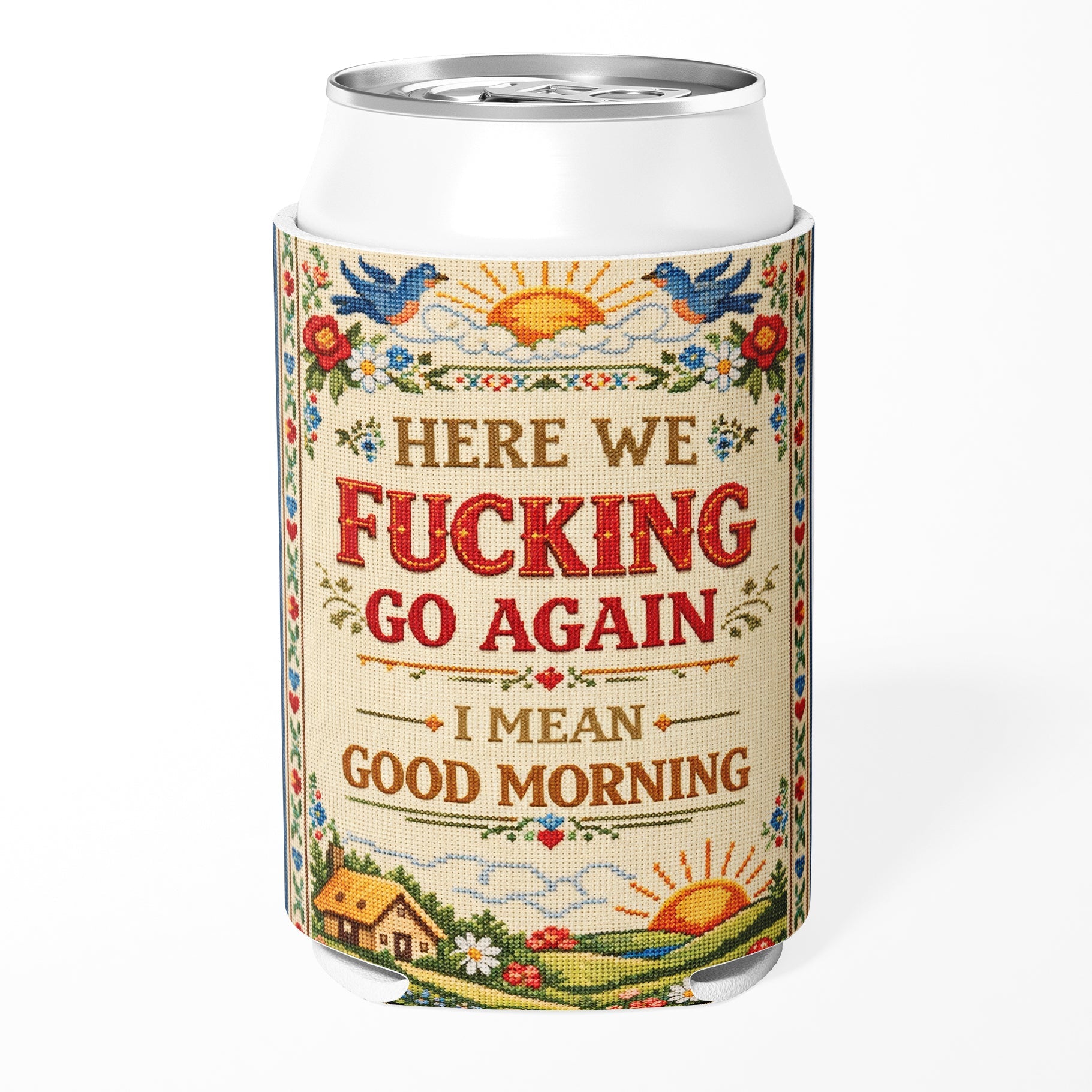 Can cooler with decorative label and text on a white background