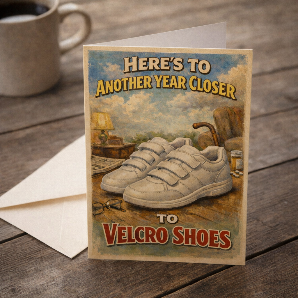 Heres to Another Year Closer to Velcro Shoes Birthday Card - Shady Front