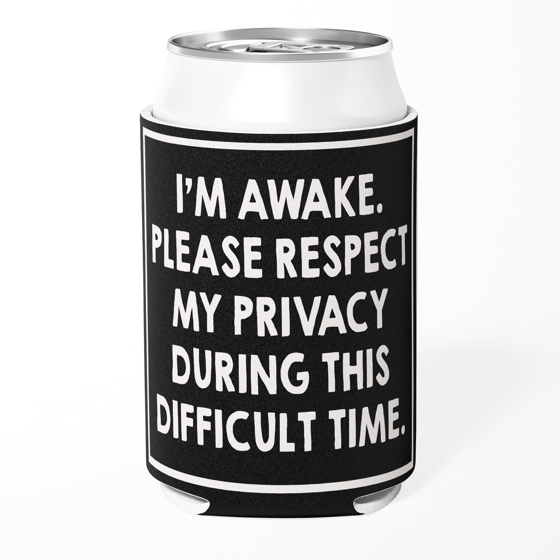 Black can cooler with white text on a white background