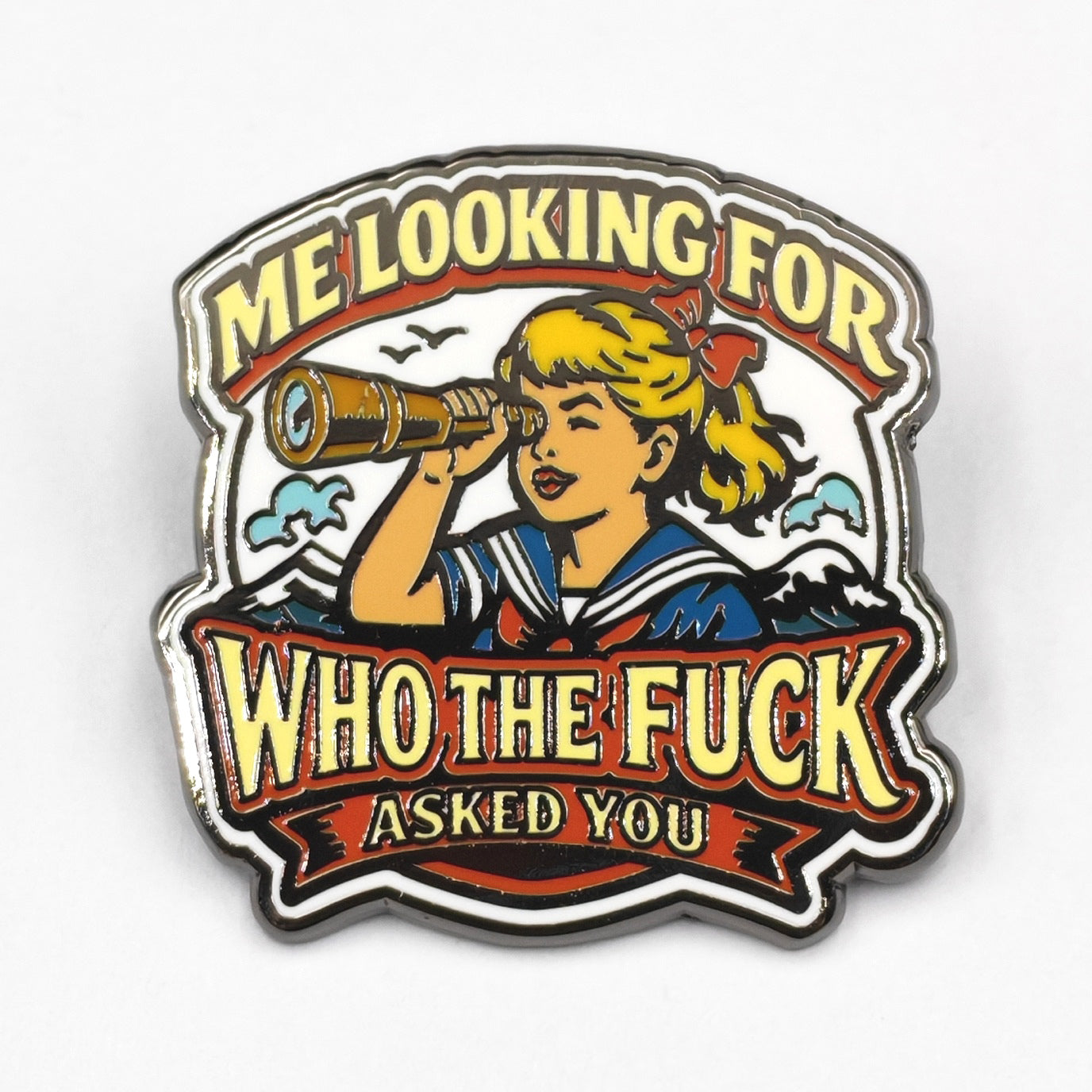 Enamel pin with a design of a person looking through a spyglass and text on a white background