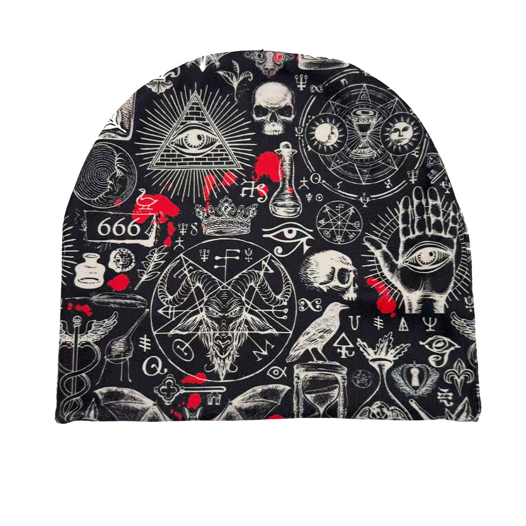 Black beanie with white and red symbols on a white background