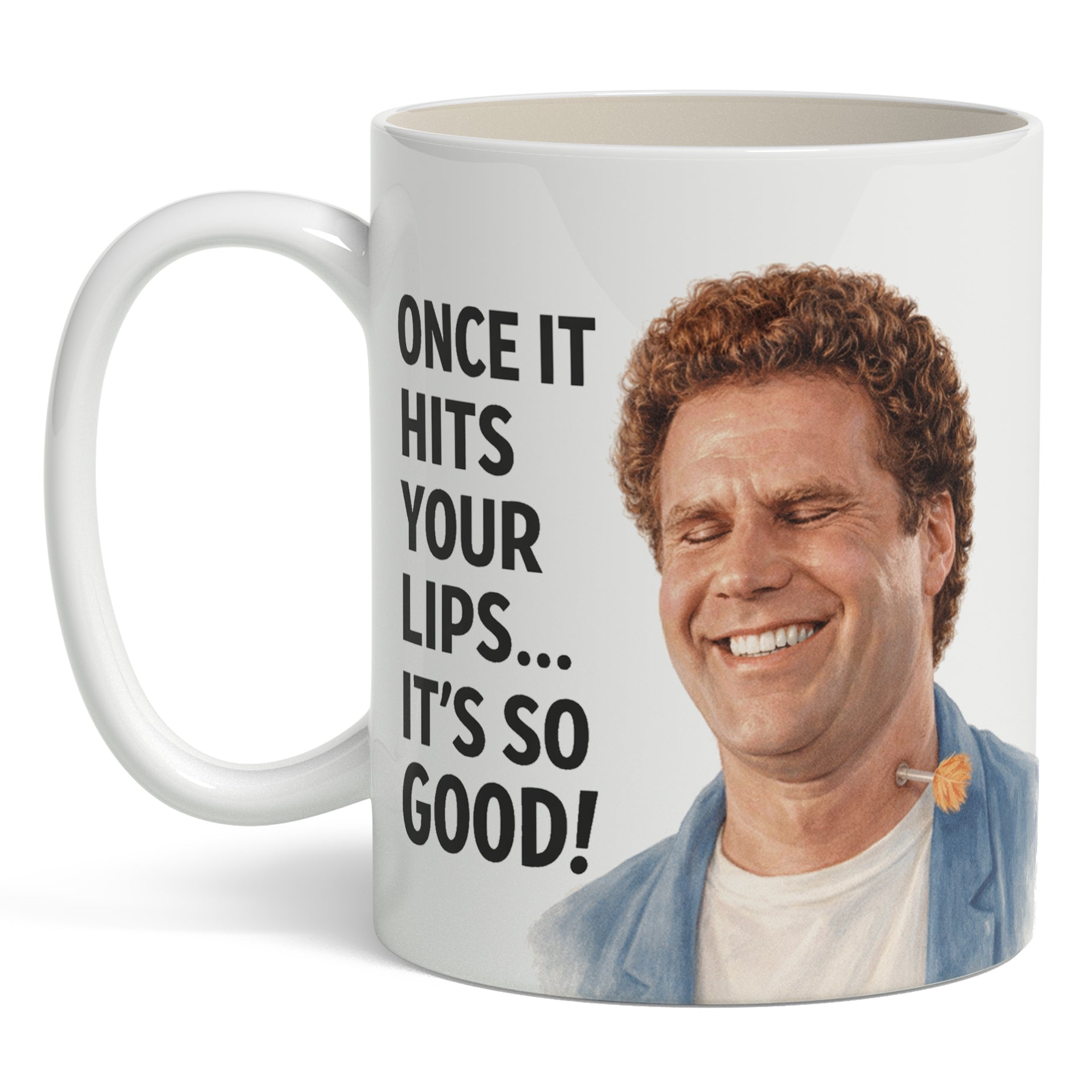 Mug with a Will Farrell's face and humorous text on a white background