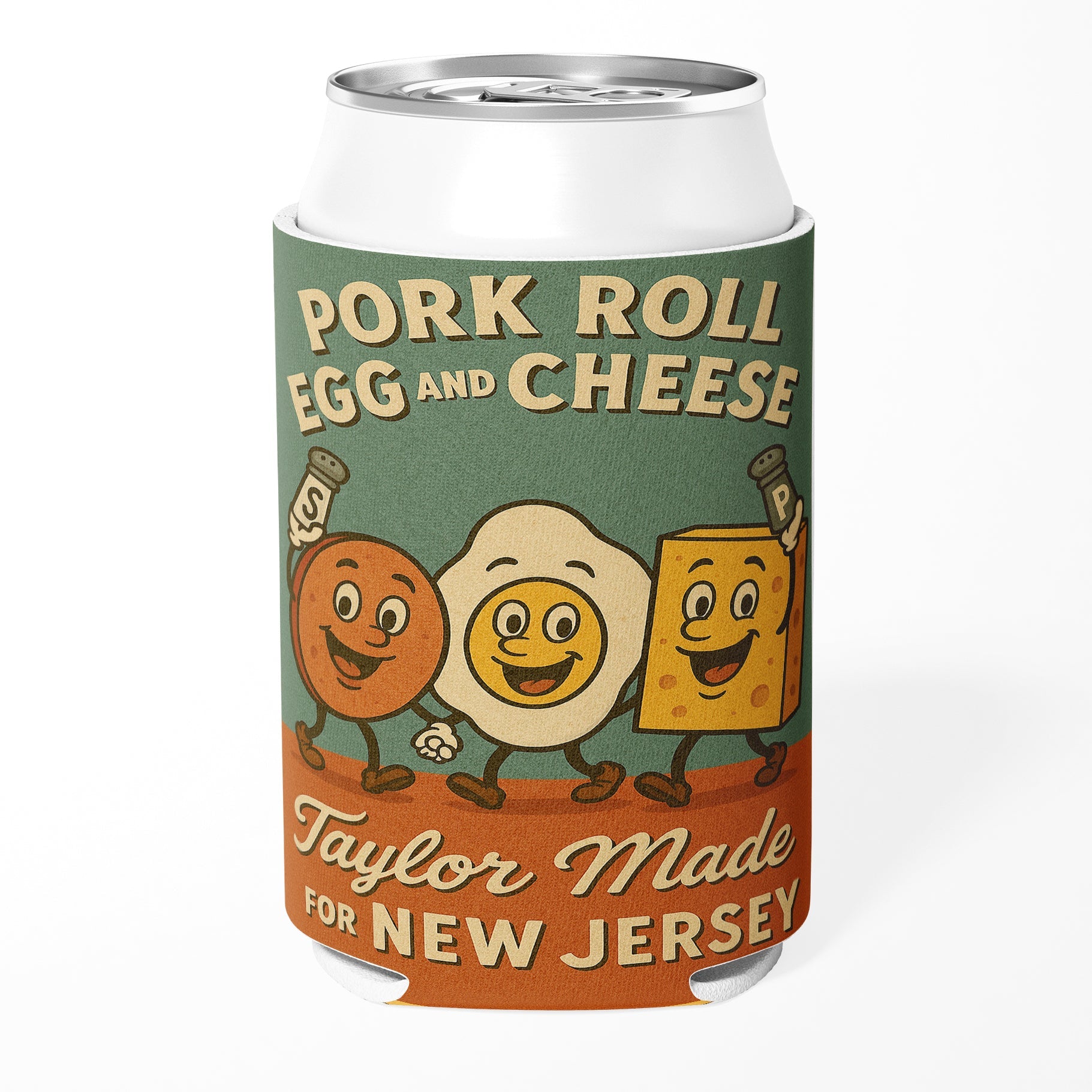 Can cooler with cartoon characters of a sausage, egg, and cheese with text 'Pork Roll Egg and Cheese Taylor Made for New Jersey'.