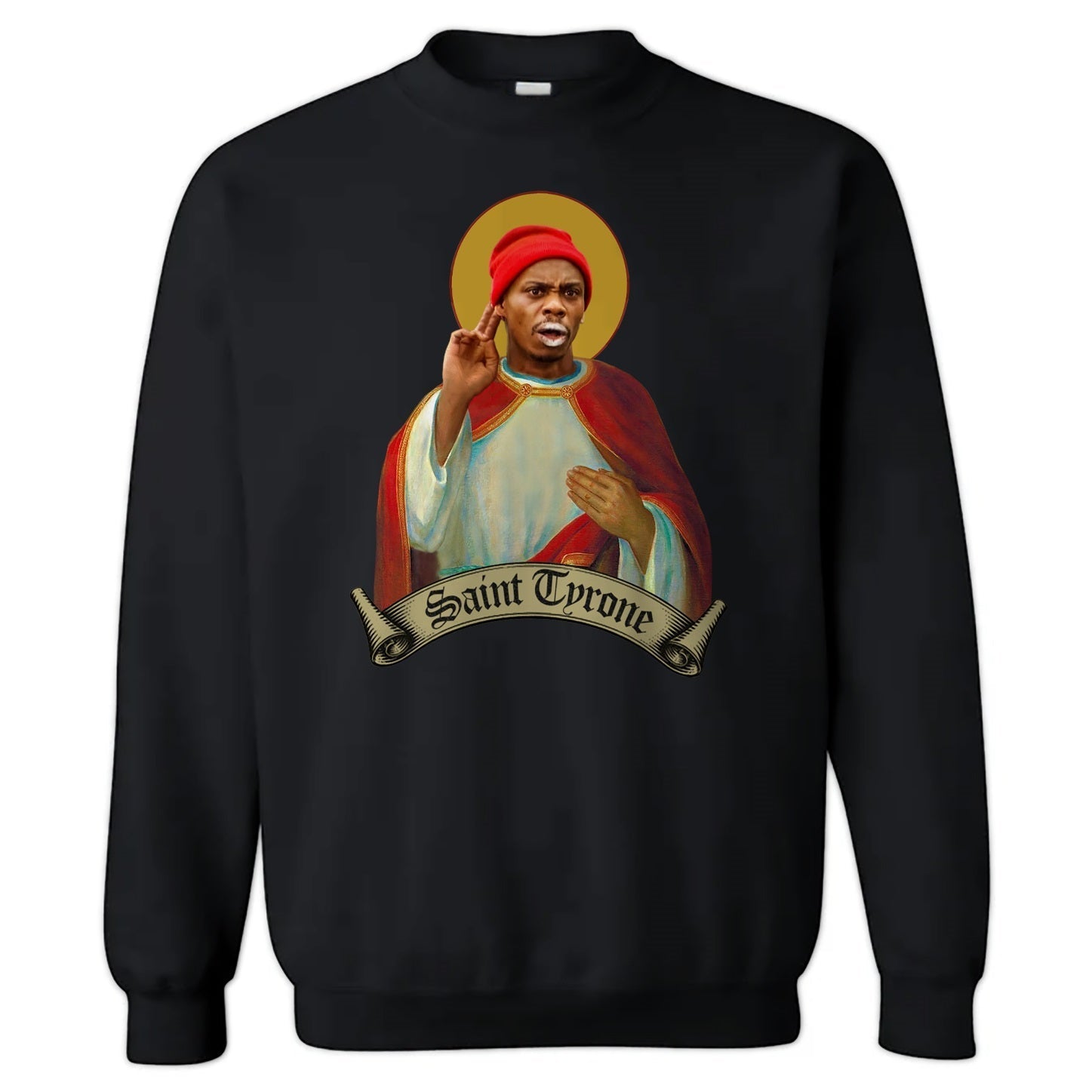 A black crewneck sweatshirt with an image of a character resembling Tyrone Biggums, with a halo and the text 'Saint Tyrone'.