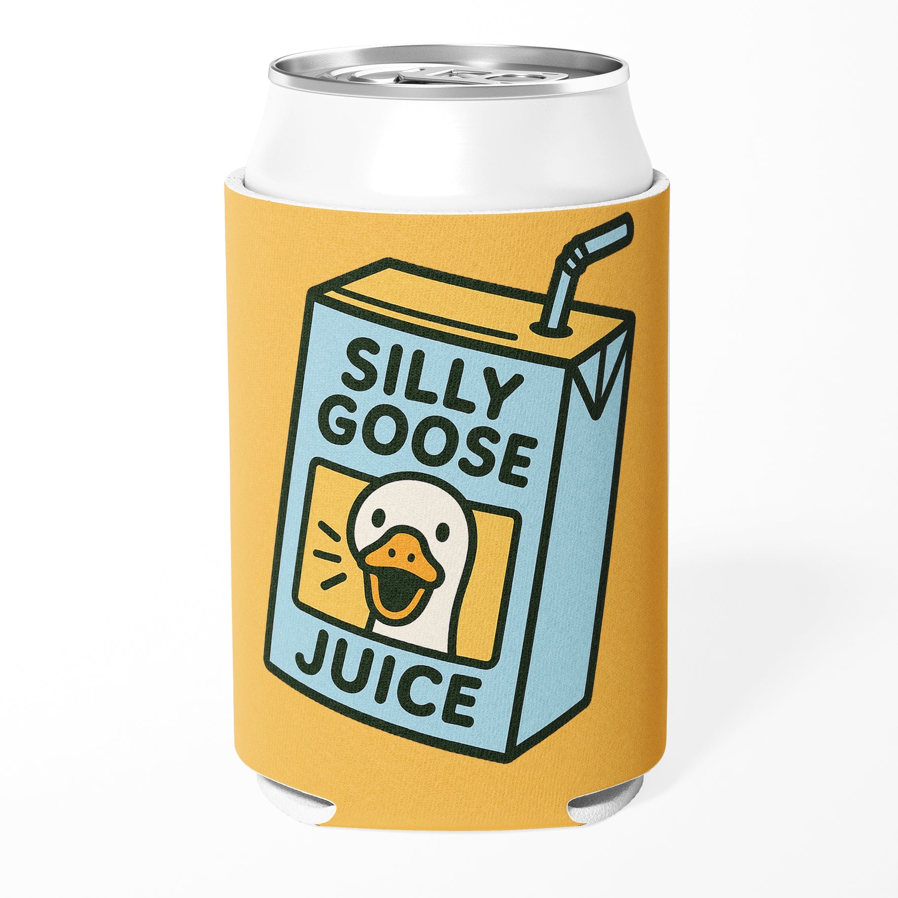 Can cooler with 'Silly Goose Juice' design on a white background