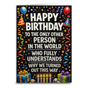 Birthday card with colorful text and graphics on a black background