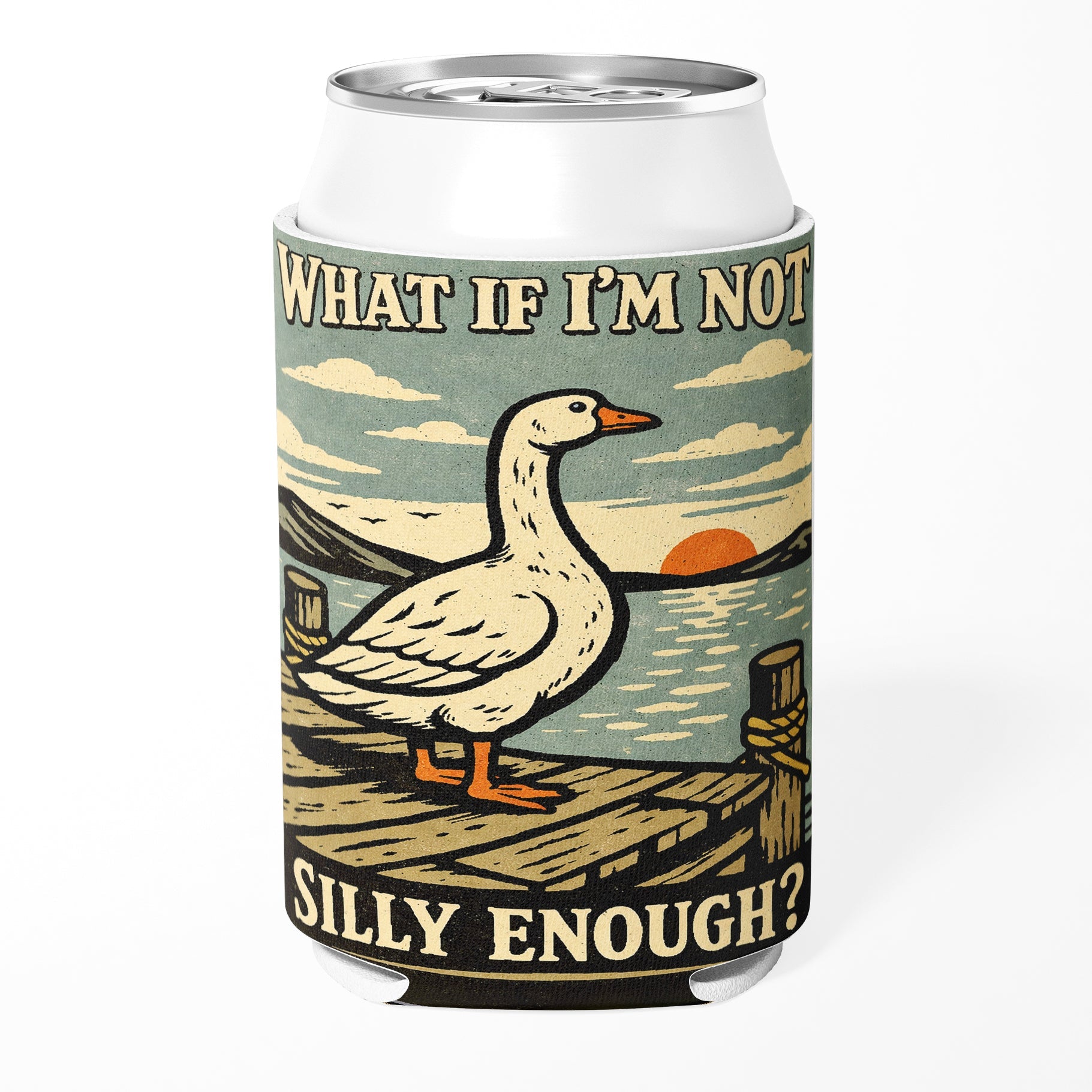 Can cooler with a duck illustration and text on a white background