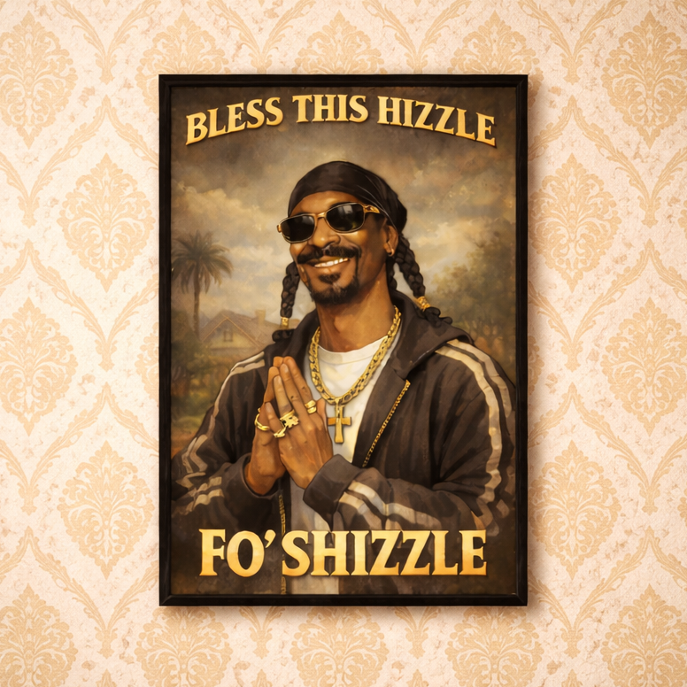 Framed poster with a stylized portrait of a Snoop Dogg with text on a decorative wall.