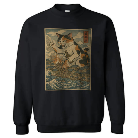Cat Destroying City Ukiyo - E Crewneck Sweatshirt - The Original Underground