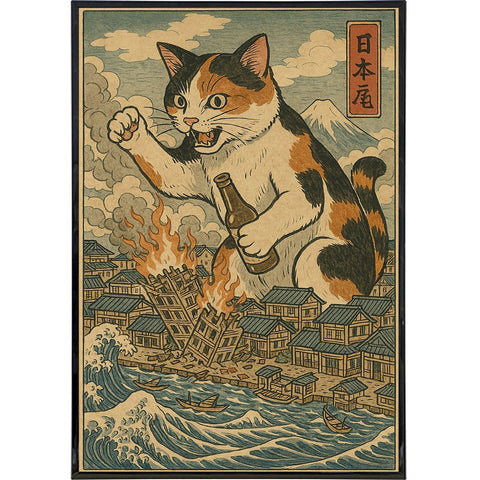 Cat Destroying City Ukiyo - E Original Poster Print - The Original Underground