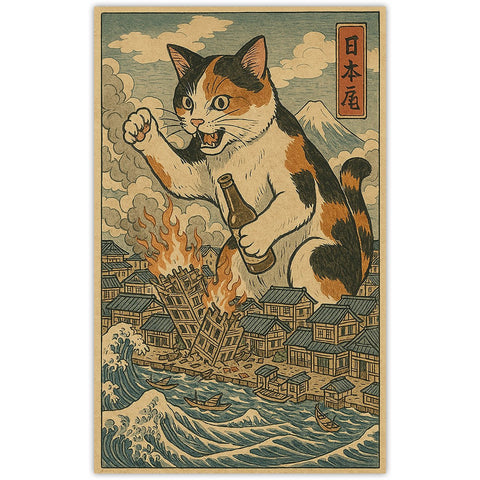 Cat Destroying City Ukiyo - E Sticker - The Original Underground