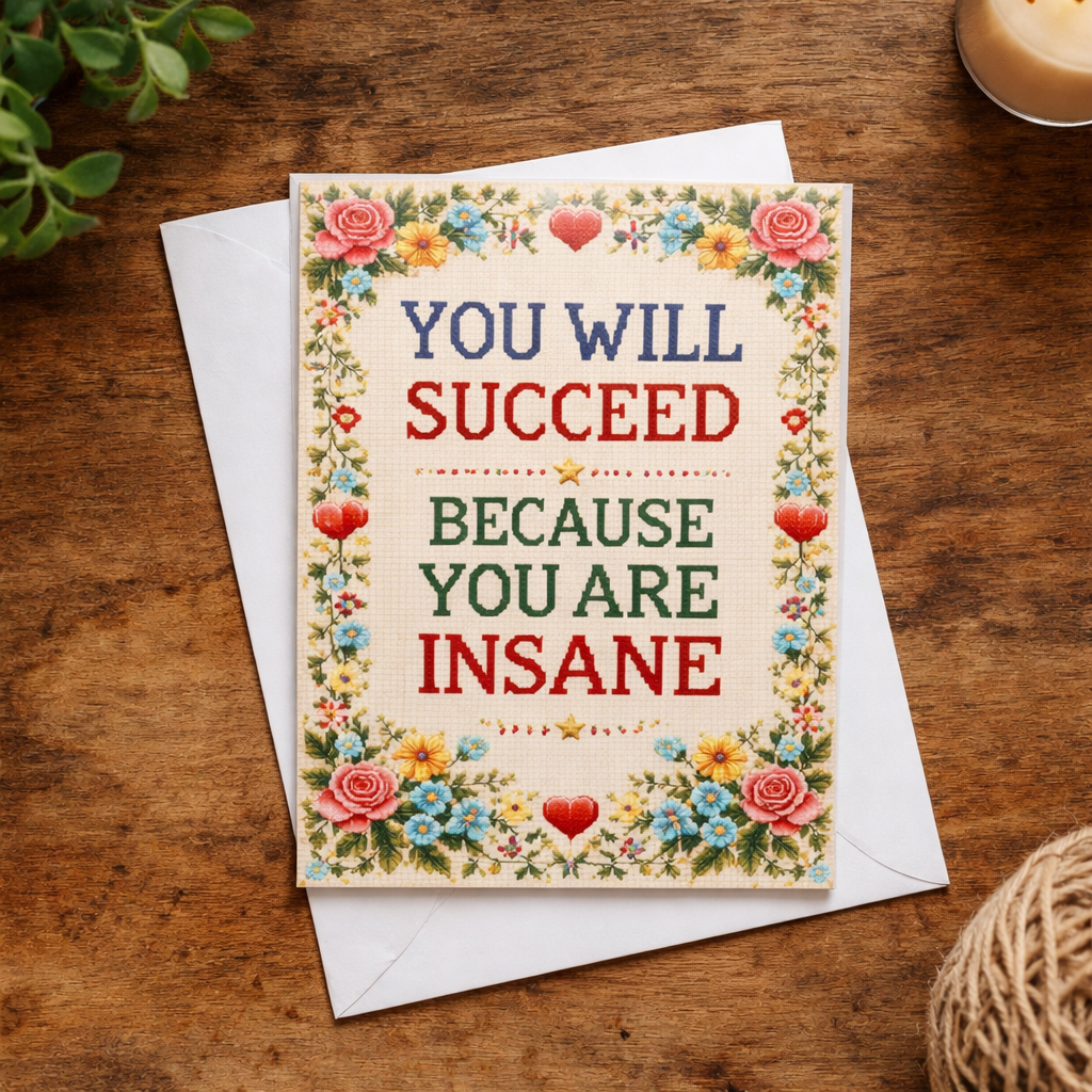Motivational card with floral border and text 'You will succeed because you are insane' on a wooden surface.