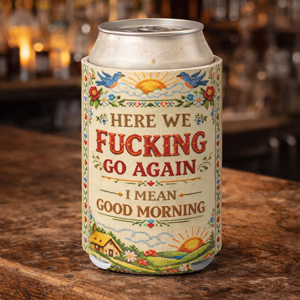 Can with decorative label on a wooden surface