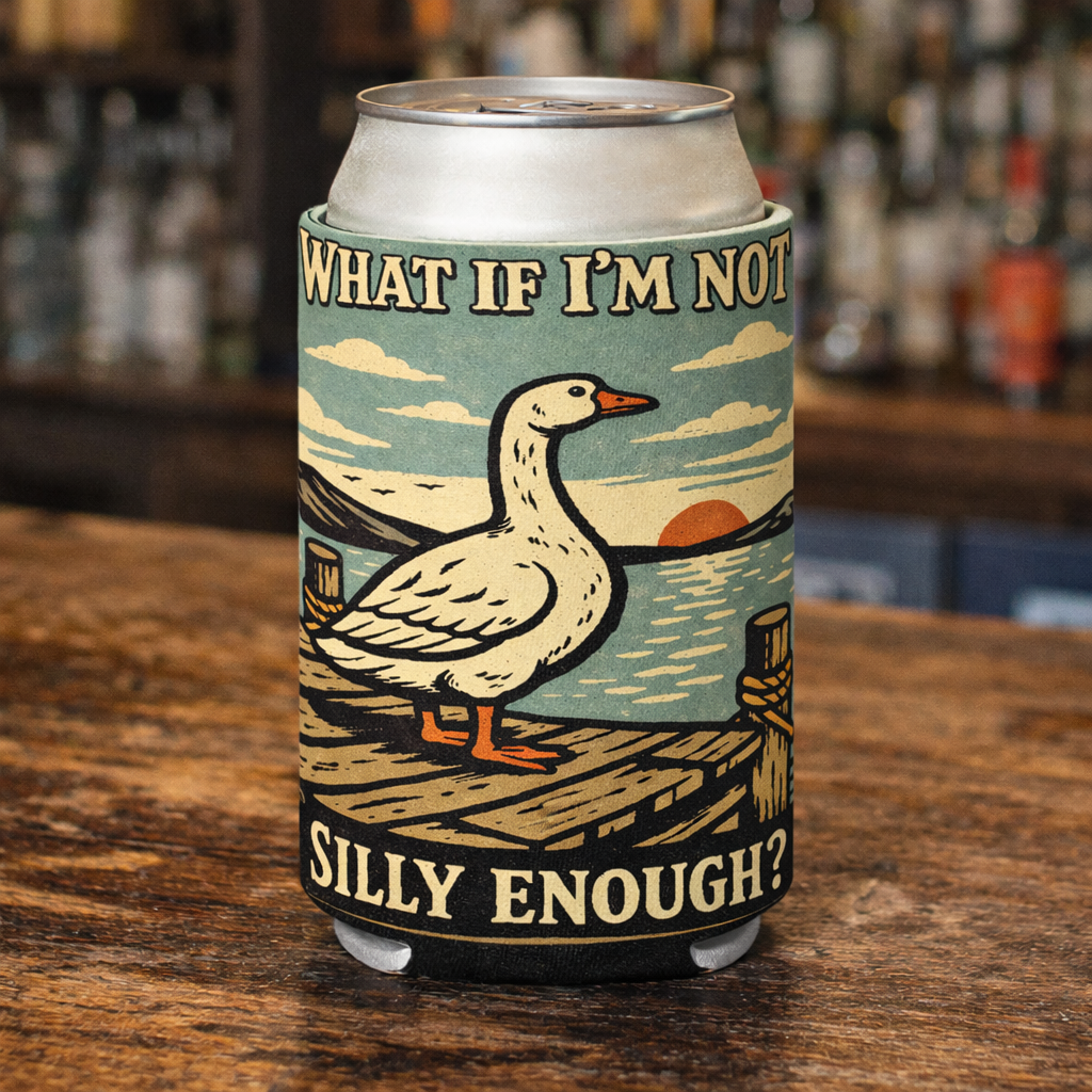 Can with a graphic design of a goose and text on a wooden surface with blurred bar background