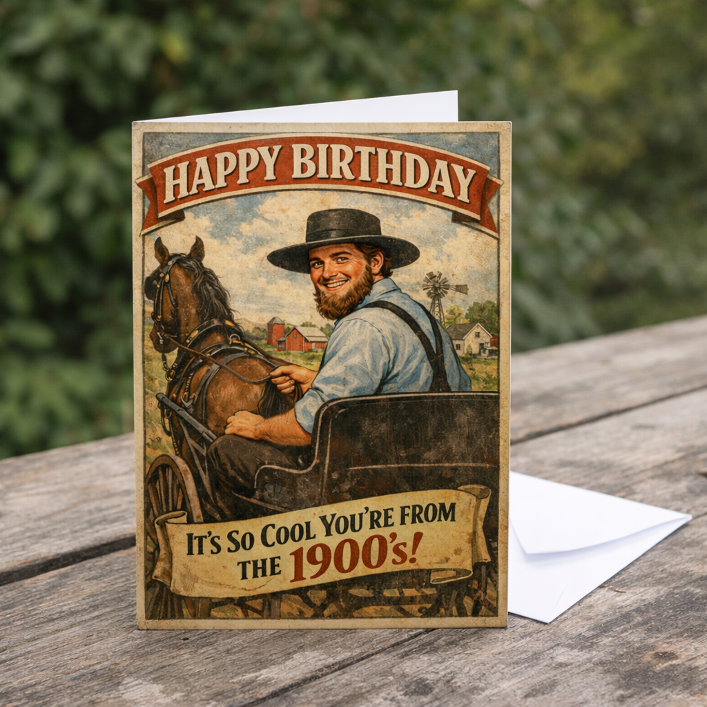Vintage-style birthday card with a man in a cowboy hat and horse-drawn carriage, set against a blurred outdoor background.