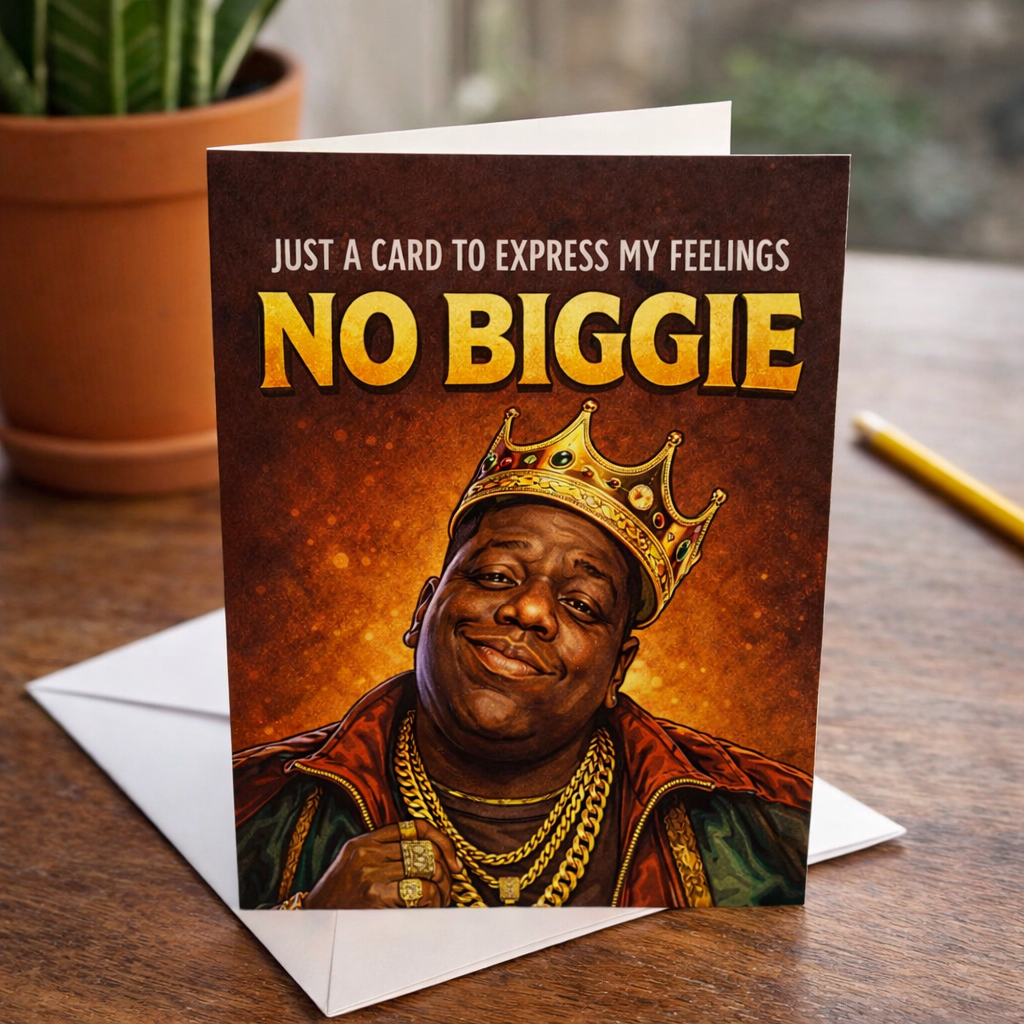 Card with Biggie wearing a crown and text 'Just a card to express my feelings NO BIGGIE' on a wooden surface.